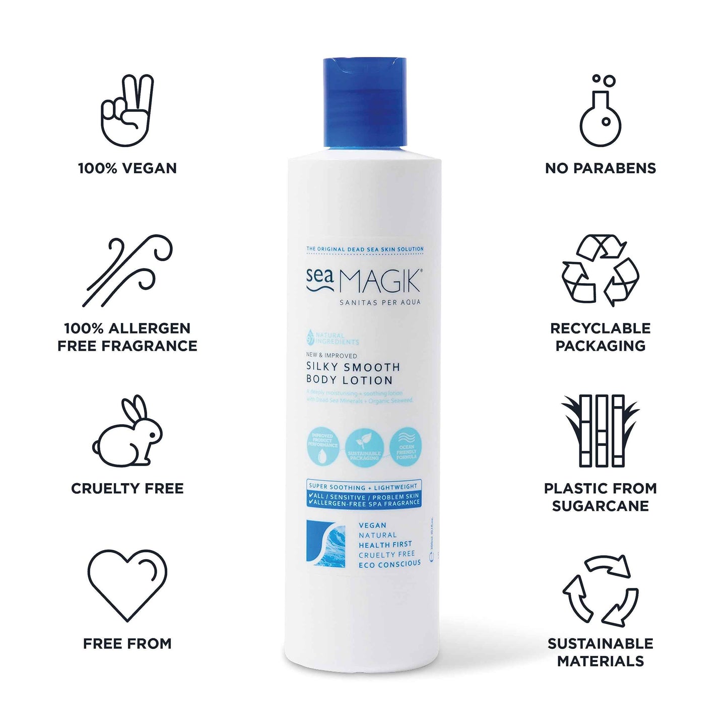 Sea Magik Silky Smooth Body Lotion 10.14oz/ 300ml / Mineral-Rich / Dead Sea Salt and Organic Seaweed/ 100% Vegan/ Sustainable Packaging