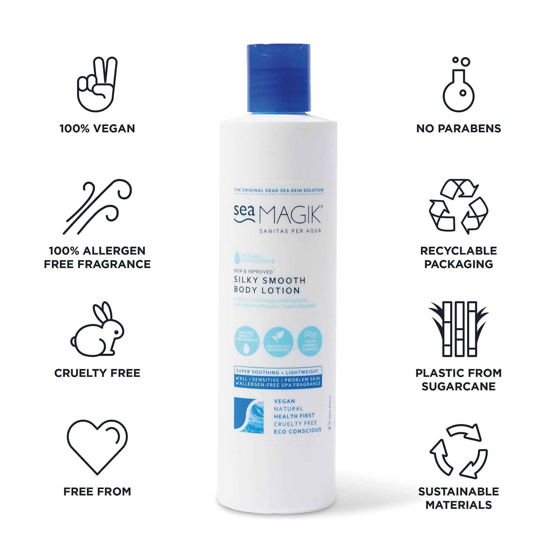 Sea Magik Silky Smooth Body Lotion 10.14oz/ 300ml / Mineral-Rich / Dead Sea Salt and Organic Seaweed/ 100% Vegan/ Sustainable Packaging