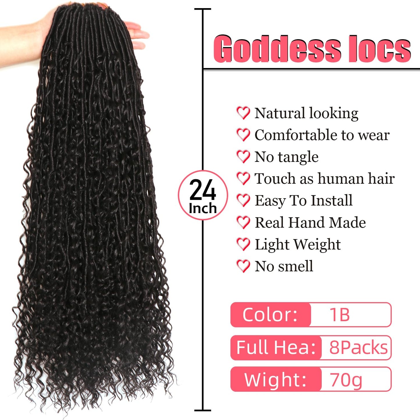 Goddess Locs Crochet Hair-24 Inch 8 Packs Boho Faux Locs Crochet Hair for Black Women Pre Looped Soft Locs with Curly Ends (1B#, 24 Inch(Pack of 8))