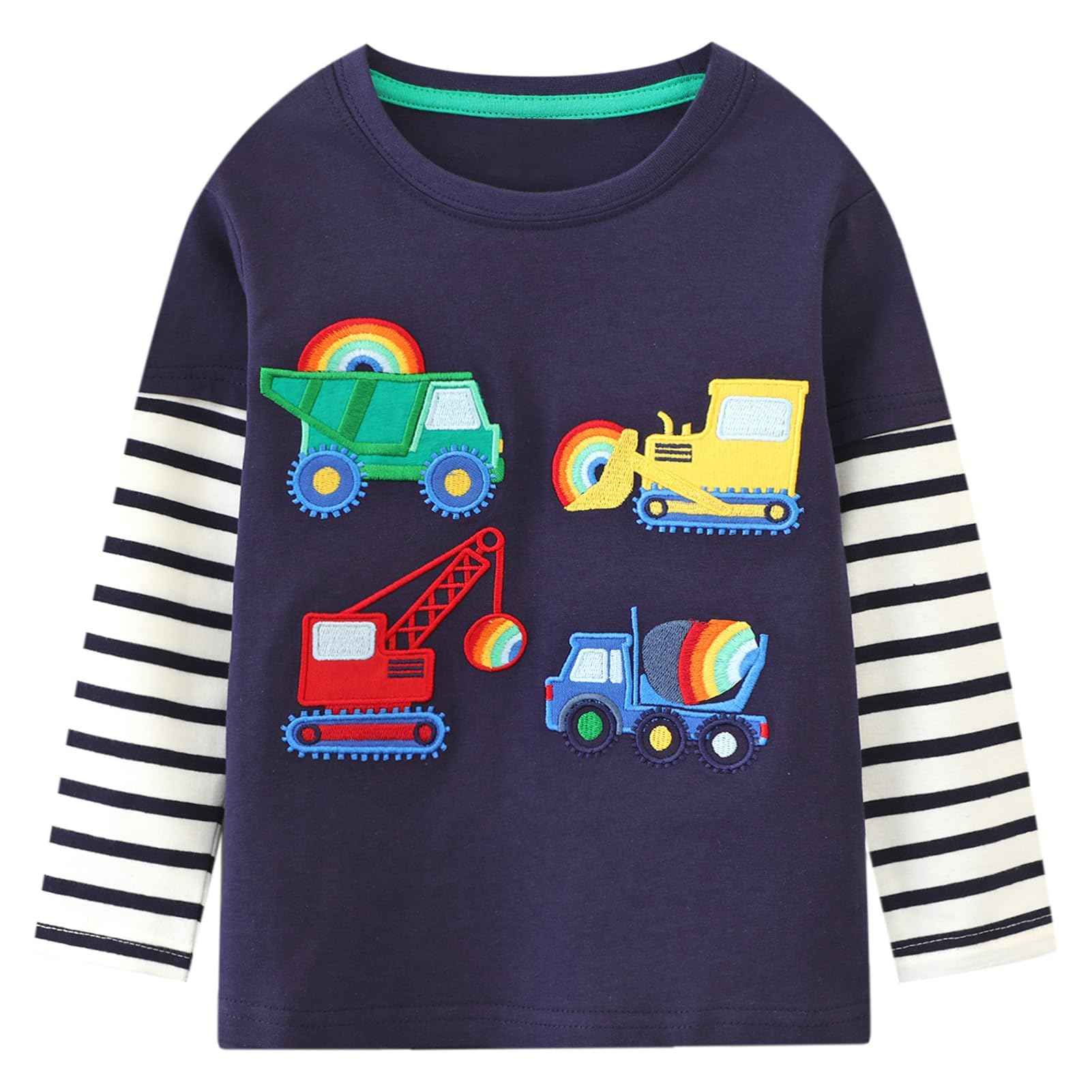 Frogwill Toddler Boys Dark Blue Rainbow Construction Vehicles Layered Tee (4T, Dark Blue)