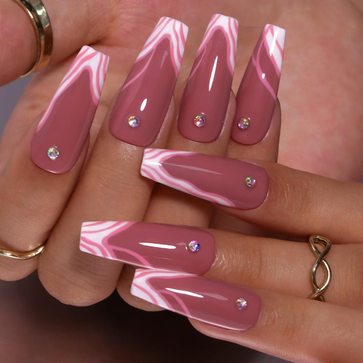 Press on Nails Long Coffin Pink Wavy Swirl Lines Bling Rhinestones White French Tip Handmade Fake Nails XL, Reusable Glossy Gel False Nail Full Cover Stick on Nail Manicure for Women-14pcs, L