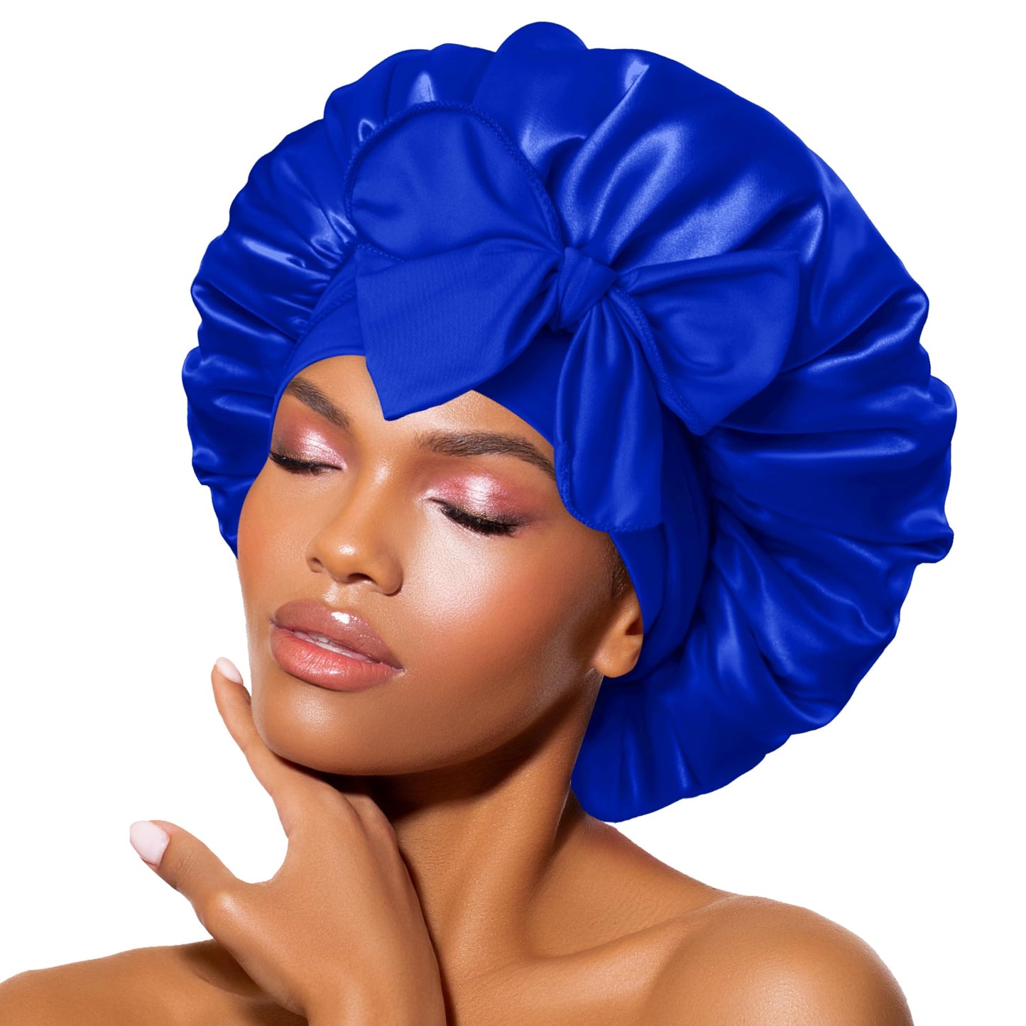 BONNET QUEEN Silk Bonnet for Sleeping Women Satin Bonnet Hair Bonnet Night Sleep Cap for Curly Hair with tie Band Navy Blue