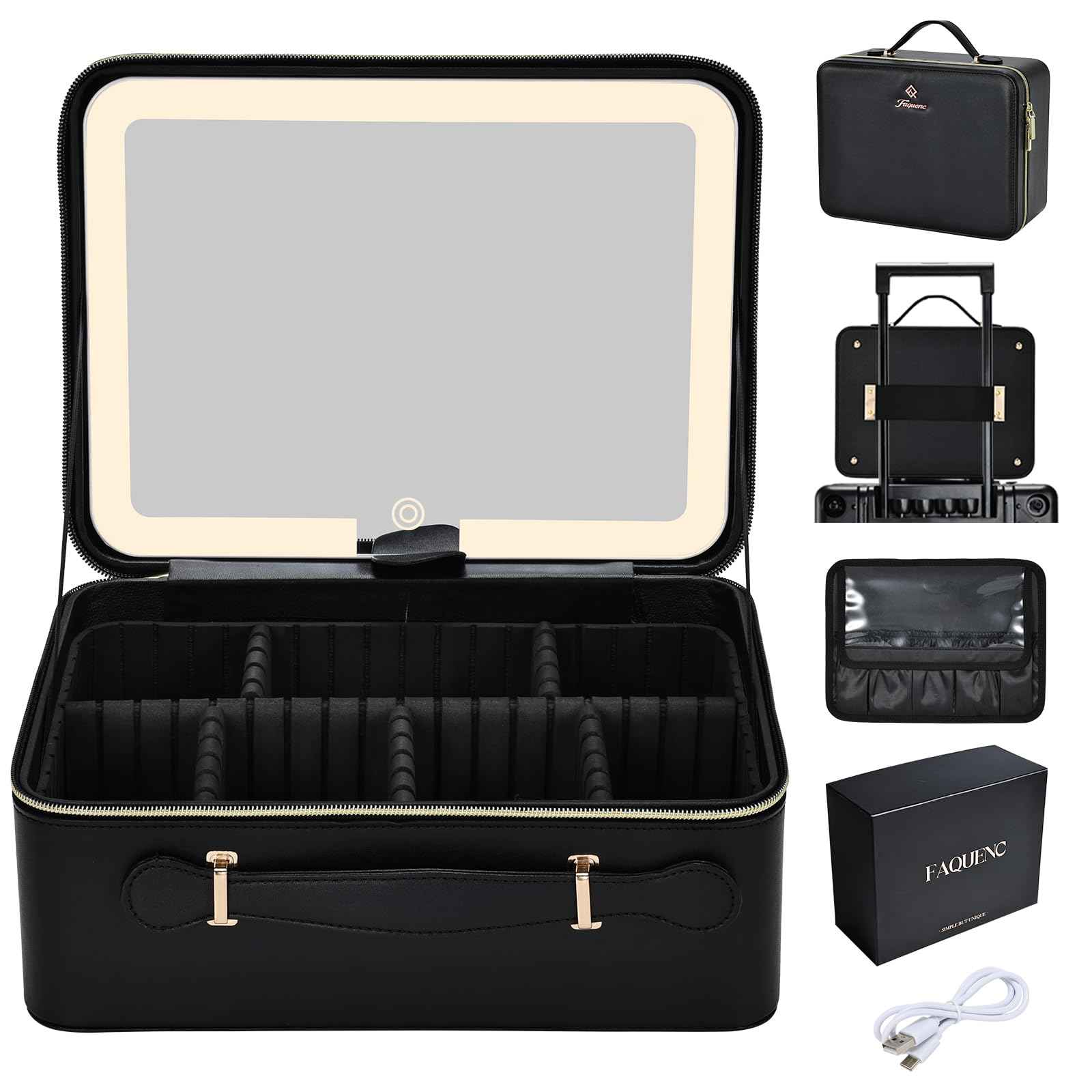 Faquenc 11.4 Inch Extra Large Makeup Bag with LED Lighted Mirror Leather Cosmetic Train Case Light up Mirror Portable Makeup Artist Storage Bag with Dividers Makeup Brush Holder Vanity Black