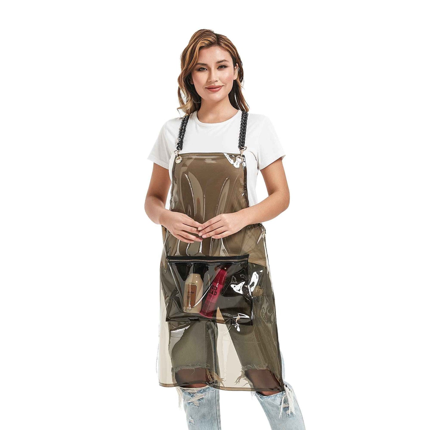 MIKI WELL Hair Stylist Apron for Women - Waterproof Barber Nail Tech Apron Hairdresser Hairstylist Salon Clear Aprons with Large Pocket, Black (22.83”W 29.5”L)