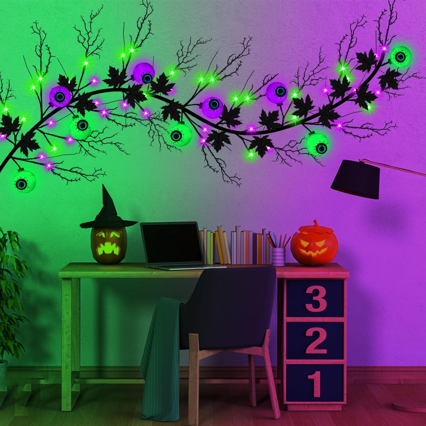 Halloween Decorations 6 Ft 54 LED Purple & Green Lights, Willow Vine Twig Garland with 9 Tree Leaves & 9 Eyeball, Battery Operated 8 Modes Halloween Lights for Home Wall Window Fireplace Mantle Decor