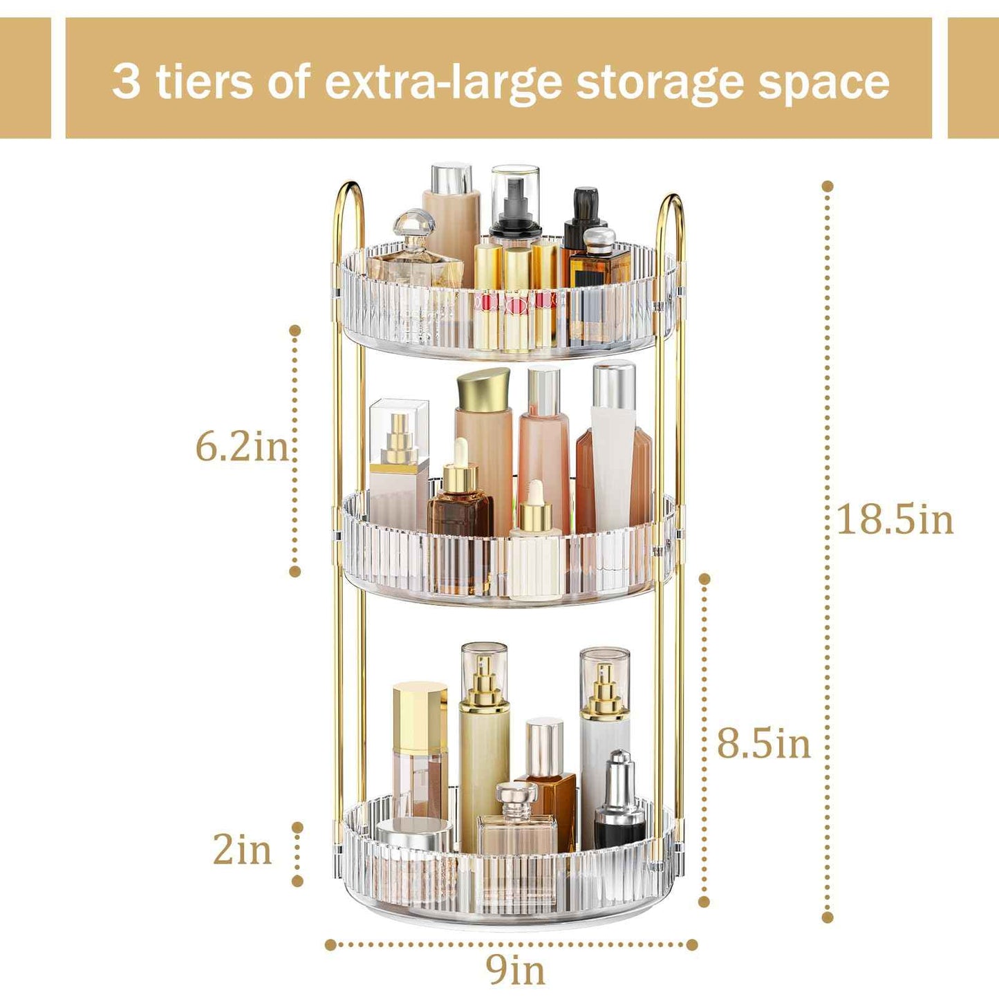 MOKANI 360 Rotating Makeup Organizer for Vanity, 3 Tier Adjustable Perfume Organizer for Dresser, Multi-Function Spinning Cosmetics Skincare Storage for Bedroom, Dresser, Countertop, Clear