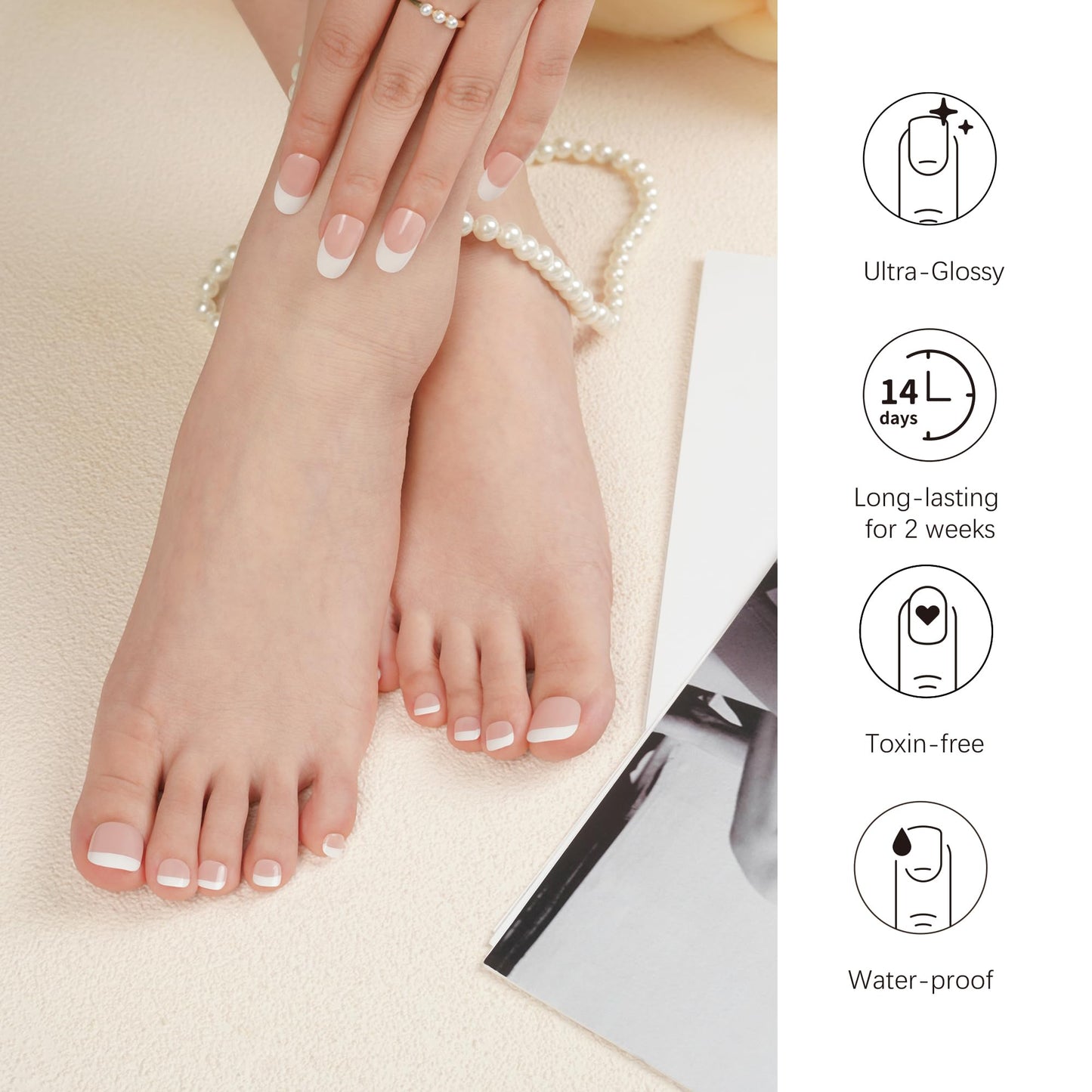 DANNI & TONI Semi Cured Gel Toenail Strips French (Happy-Go-Lucky) Nude Gel Toenail Stickers with White Tips Gel Pedi Wraps 37 Stickers