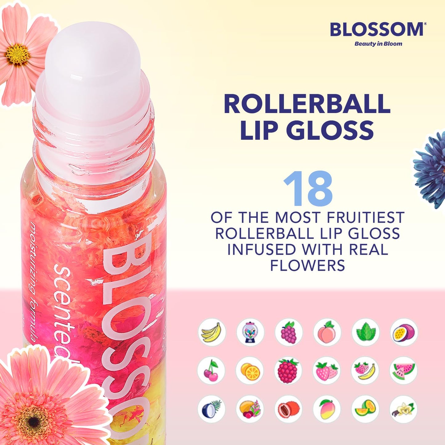 Blossom Scented Roll on Lip Gloss, Infused with Real Flowers, Made in USA, 0.3 fl. oz./9ml, 3 pack Mini Gift Set, Strawberry, Watermelon, Mango