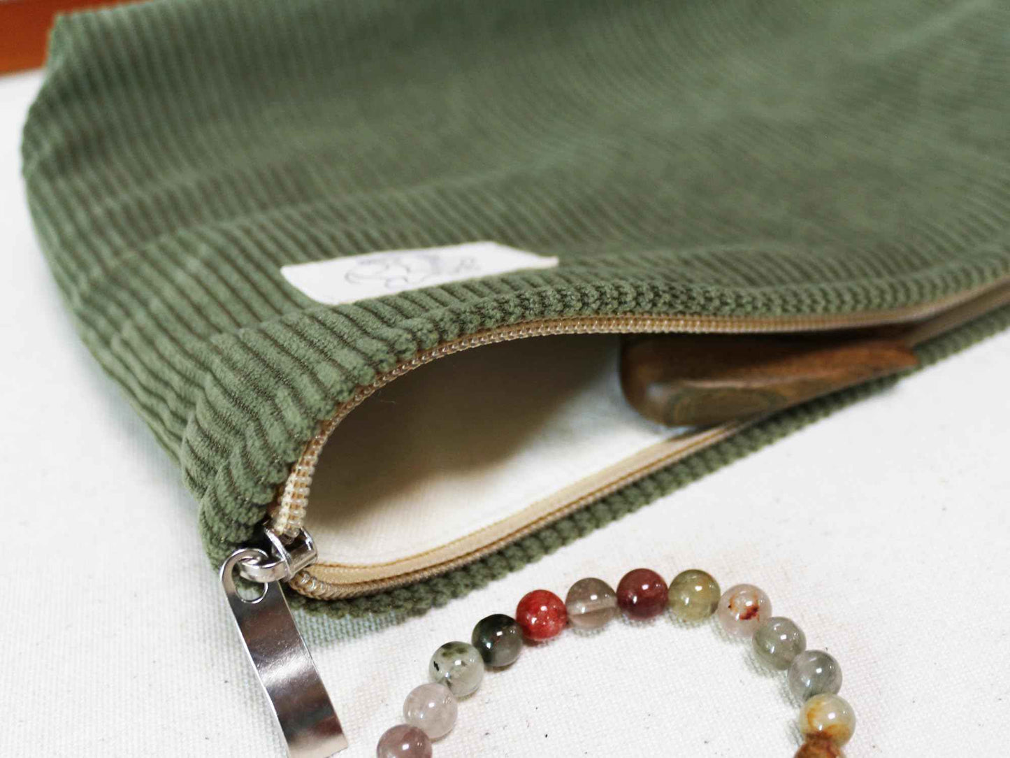 HAPPYHEIDI Navy Green Corduroy Makeup Bag Cosmetic Toiletry Travel Pouch, Make Up Accessory Purse Organizer, Canvas Lined