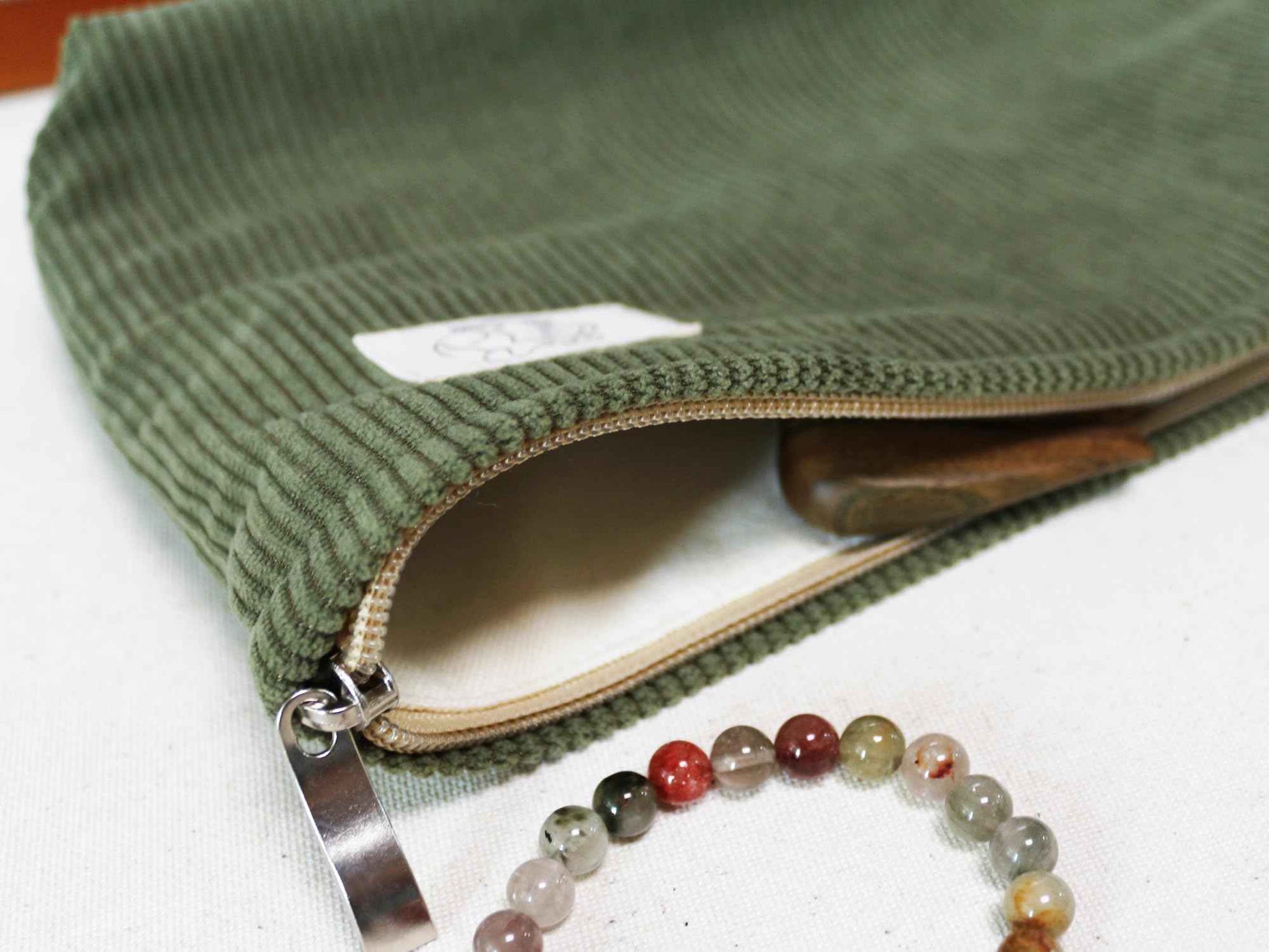 HAPPYHEIDI Navy Green Corduroy Makeup Bag Cosmetic Toiletry Travel Pouch, Make Up Accessory Purse Organizer, Canvas Lined