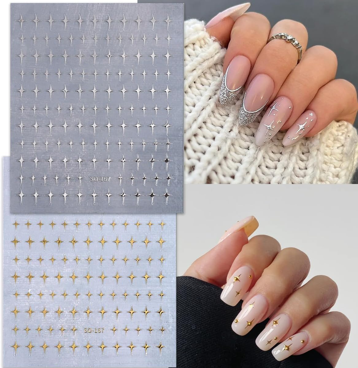 8 Sheets Star Nail Art Stickers Gold Sliver Star Nail Art Stickers Shiny GoldStar Nail Design Nail Art Supplies Gold Silver White Black Stars Nail Accessories for Women Girls Manicure Decorations