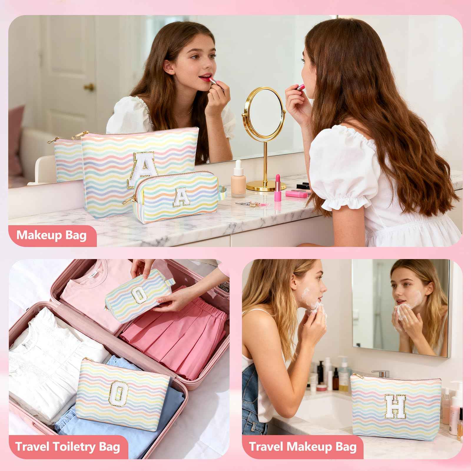 MaqSacion 2 Pieces Monogram Makeup Travel Bag for Teen Girl Gifts,Cosmetic Pouch for Girls,Initial Travel Toiletry Bag for Women,Custom Make up Organizer,Personalized Trendy Stuff - Light Rainbow A