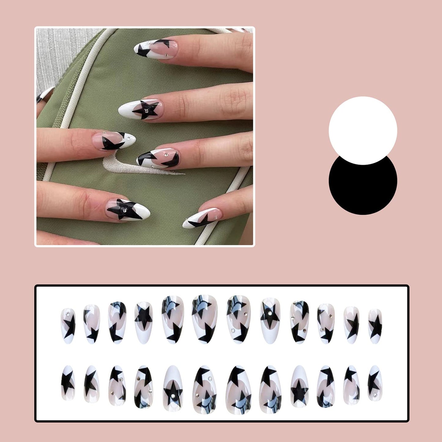 24 Pcs French Tip Press on Nails Medium Almond Fake Nails Black Stars Designs False Nails with Rhinestones Glossy Full Cover Nude Acrylic Nails Reusable Artificial Nails for Women and Girls