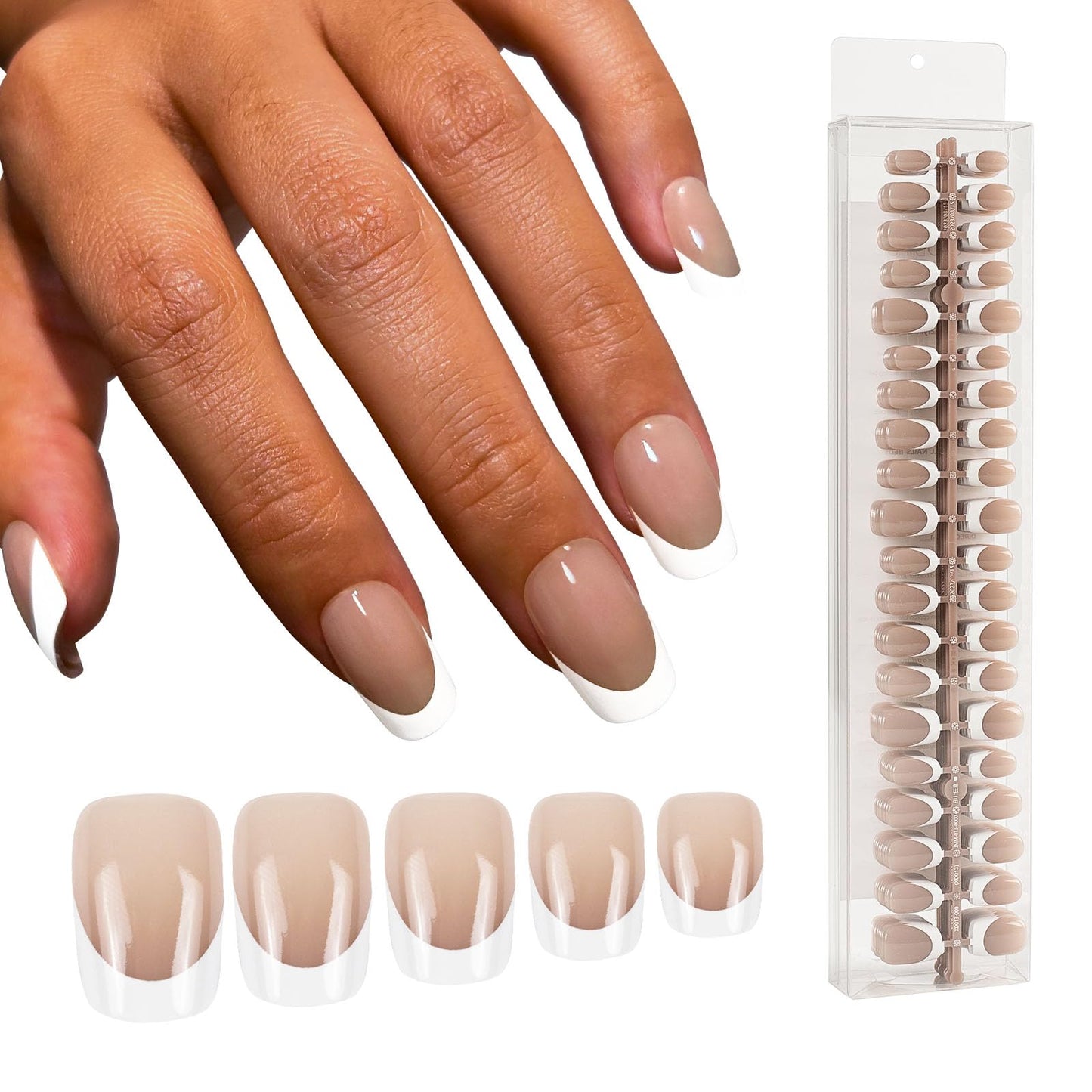 GloBlingle Brown French Tips Press on Nails Short Square -400Pcs French Natural Color Jelly Gel Nail Tips Fake Nails 5 in 1 Acrylic UV Gel Tips Building Gel Top Coat Cover Short Nail Tips XS/S/M/L