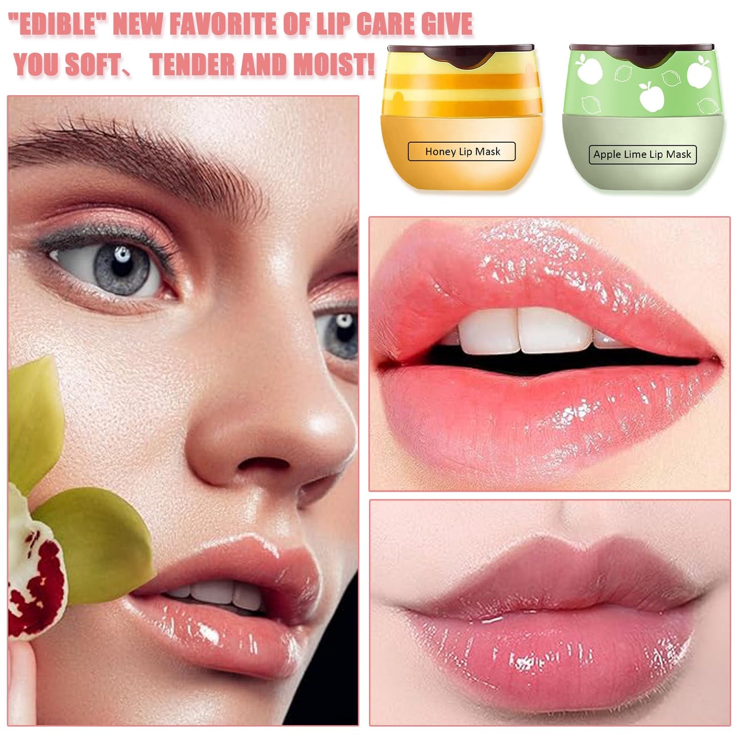 3 Pcs Bee Lip Balm Honey Pot,Strawberry&Honey&Apple Lime Lip Sleeping Mask Hydrating Prevention Dry and Cracked Lip Scrubs Exfoliator Lip Care,Lip Mask Overnight Reduces Lip Lines