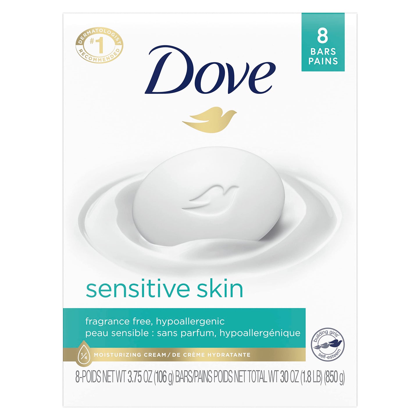 Dove Beauty Bar More Moisturizing Than Bar Soap for Softer Skin, Fragrance Free, Hypoallergenic Sensitive Skin With Gentle Cleanser 3.75 oz 8 Bars