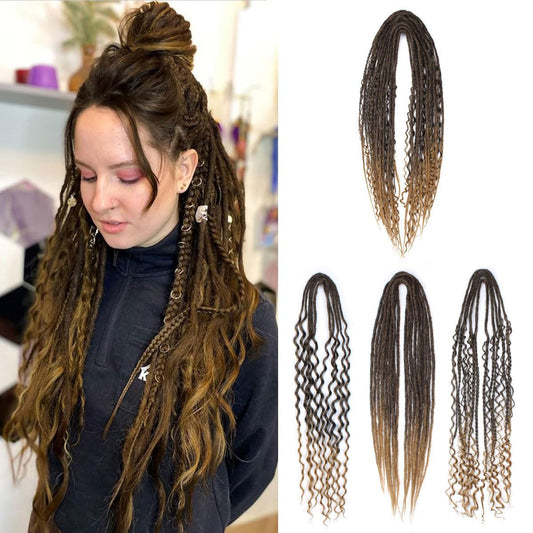 Sangtok Double Ended 3 in 1 Dreadlock Extensions, 24 inch 15pcs Ombre Brown Mixed Dreads Extensions Set DE Dreads with Curly Dreadlocks for White Women