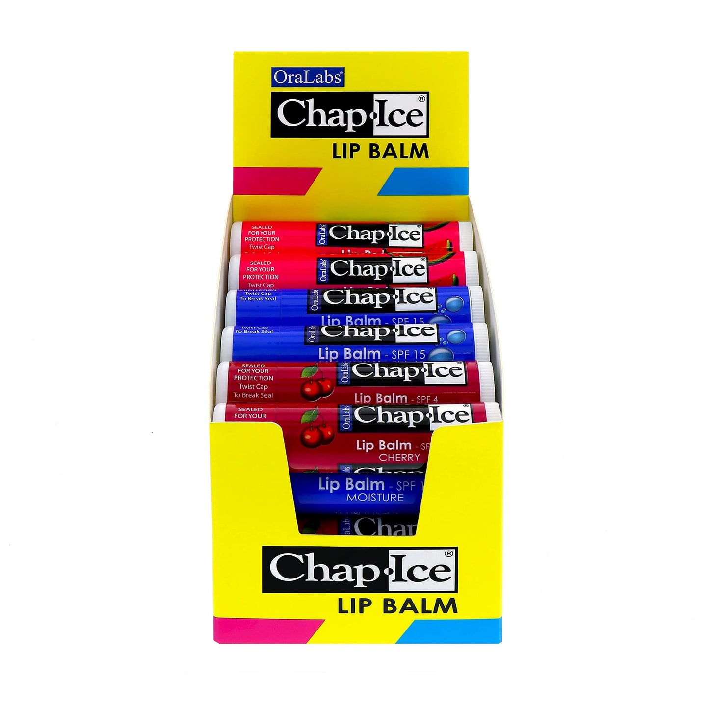 Chap-Ice® | Premium and Traditional Lip Balm for Chapped, Dry, or Windburned Lips | 3 Flavor Assorted Display - Cherry SPF-4, Moisture SPF-15, Watermelon - 24 Sticks (0.15oz/4.25g)