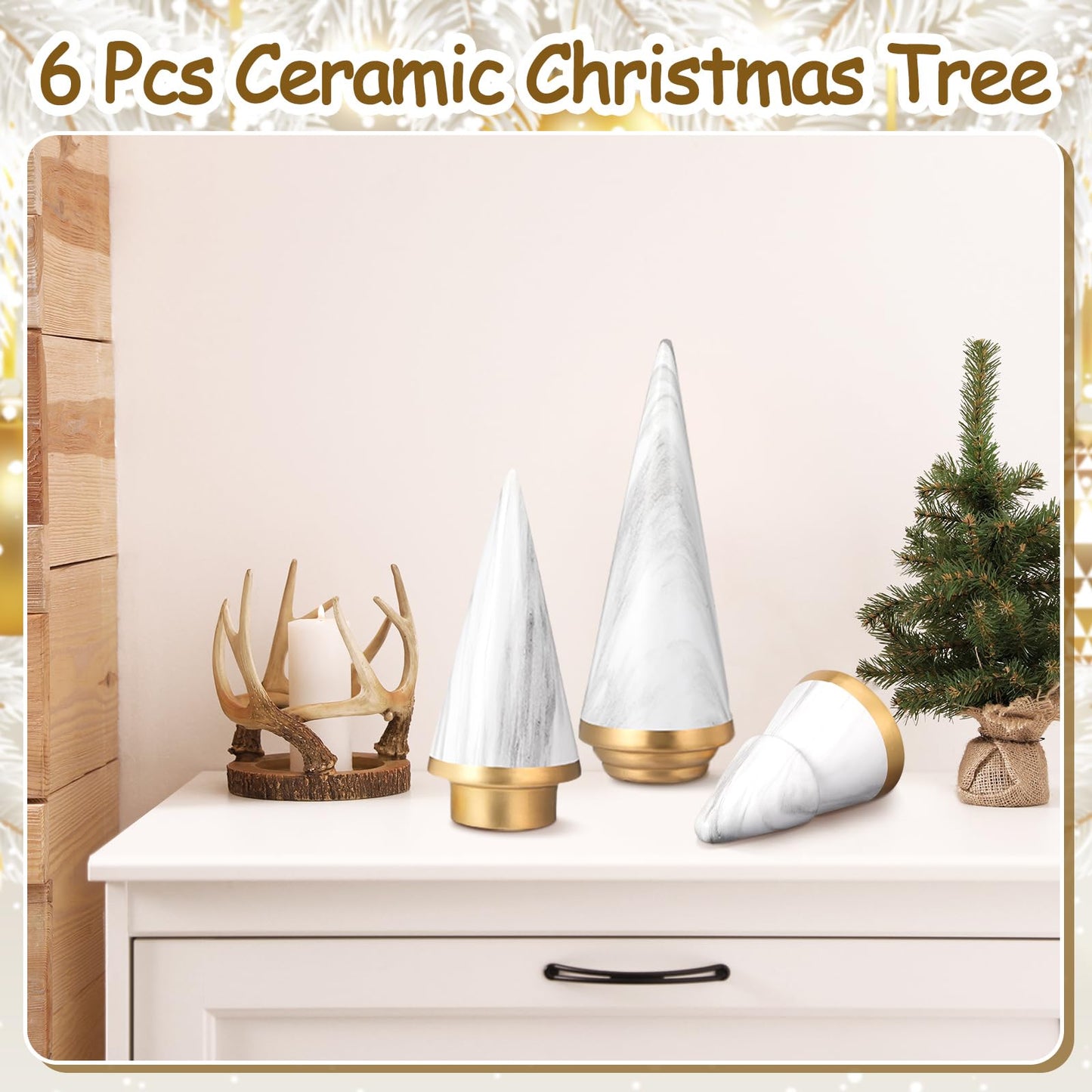 Mifoci 6 Pcs Elegant Ceramic Christmas Tree Tabletop Counter Centerpiece Black and White Tabletop Christmas Tree for Home Mantel Shelf Xmas Decoration Ornament, 3 Sizes