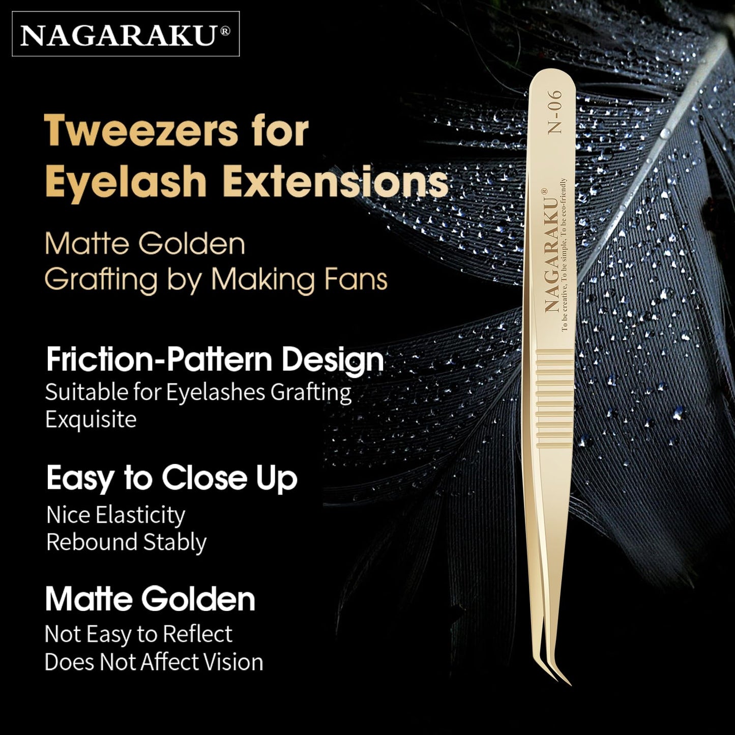 NAGARAKU Gold Tweezers for Eyelash Extensions Curved Angled Volume Cluster Super Light Weight Easy Fanning Tweezers Stainless Steel Precision (N-06)