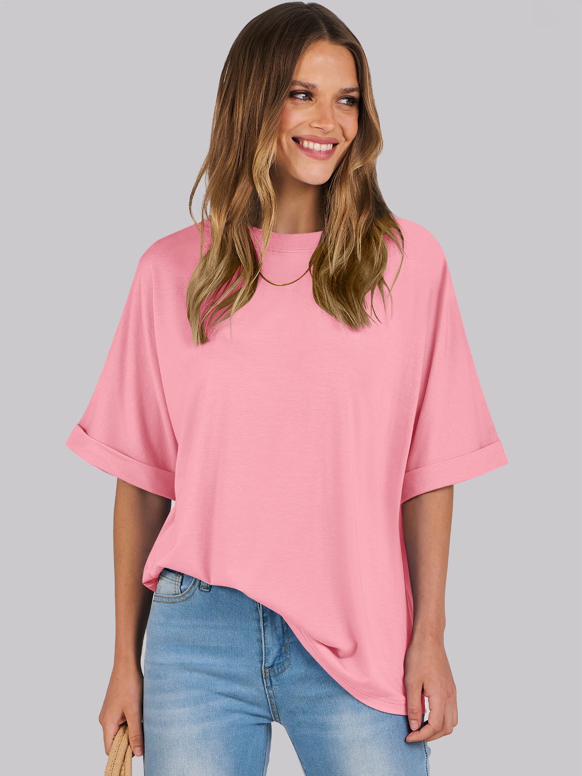 ANRABESS Women's Oversized T Shirts Short Sleeve Crewneck Summer Tops Casual Loose Basic Tee Shirts 2024 Trendy Clothes Pink Small