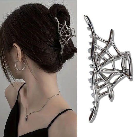 Silver Metal Halloween Hair Claw Clips - Playful Hollow Out Spider Web Design, Strong Hold Nonslip Hair Accessories for Women, Girls, and Day of the Dead Decor - 1 Piece