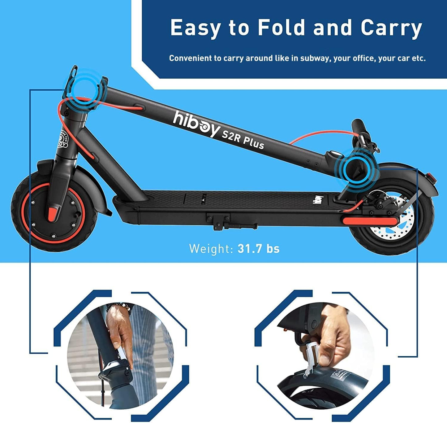 Hiboy S2R Plus Electric Scooter, Upgraded Detachable Battery, 9" Pneumatic Tires, 350W Motor - Max 22 Miles & 19 MPH Portable Folding Commuter E-Scooter for Adults - Dual Brakes with Split Wheels