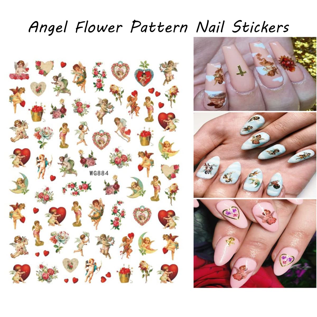 10pcs Angel Nail Art Stickers Cupid Nail Art Decals Flower Angel Wings Nail Art Design Stickers Self Adhesive Valentine's Day Nail Art Decals Nails Design And Decoration for Women Nail Design Supplies