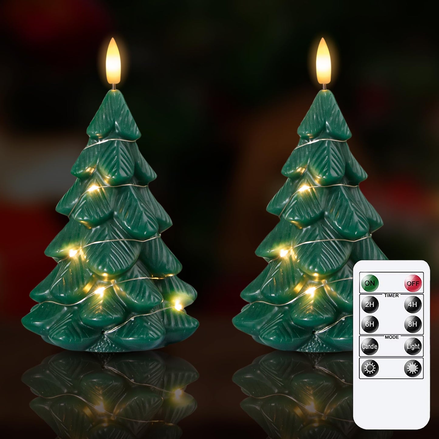 Vtobay Flameless Flickering Remote Christmas Tree Shaped Candles with Light Strings, 4" x7" LED Battery Operated Green Handmade Carved Wax Timer 2 Pack Candles for Xmas Eve, New Year, Christmas