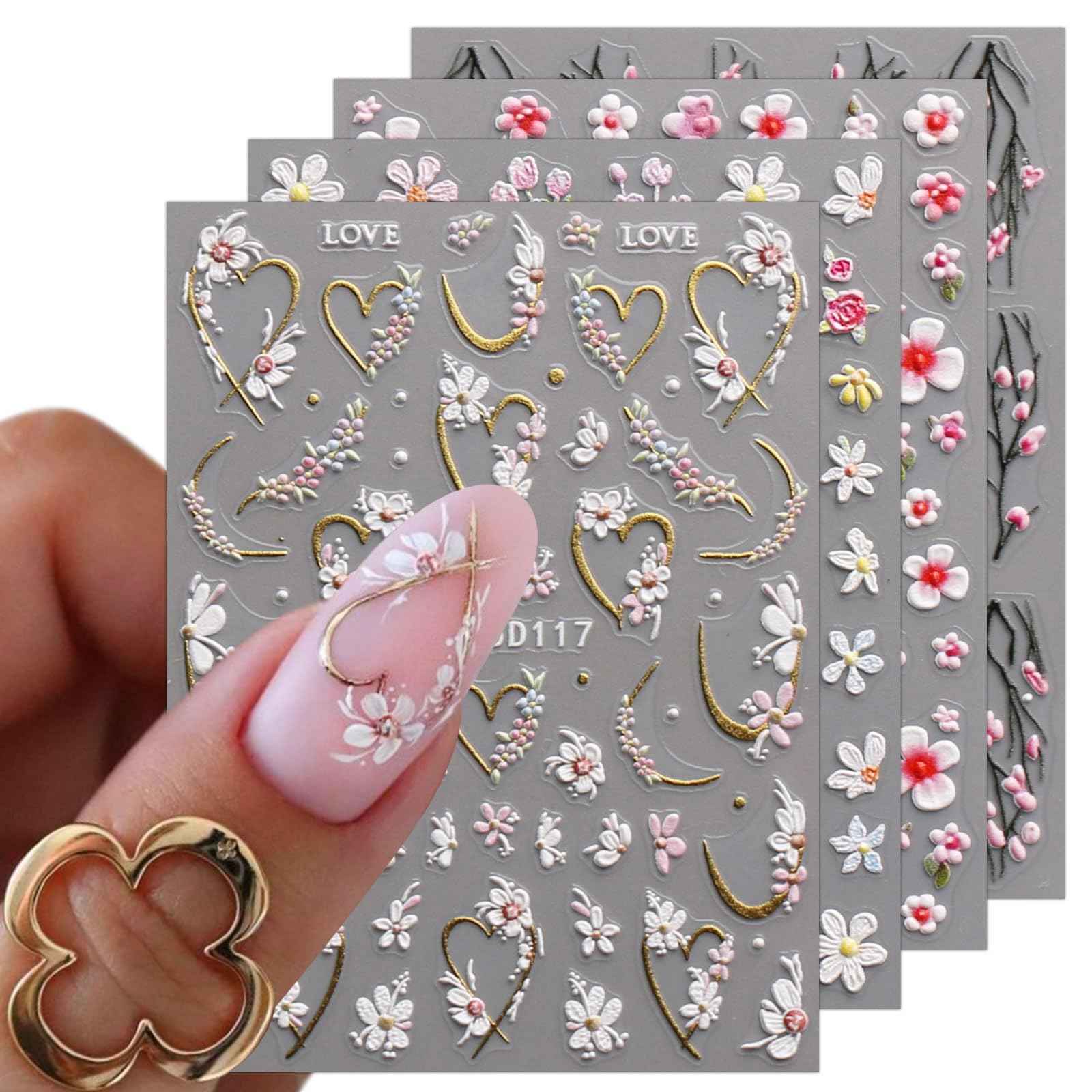 JMEOWIO 3D Embossed Flower Nail Art Stickers Decals Self-Adhesive 5D Spring Summer Floral Nail Supplies Nail Art Design Decoration Accessories 4 Sheets
