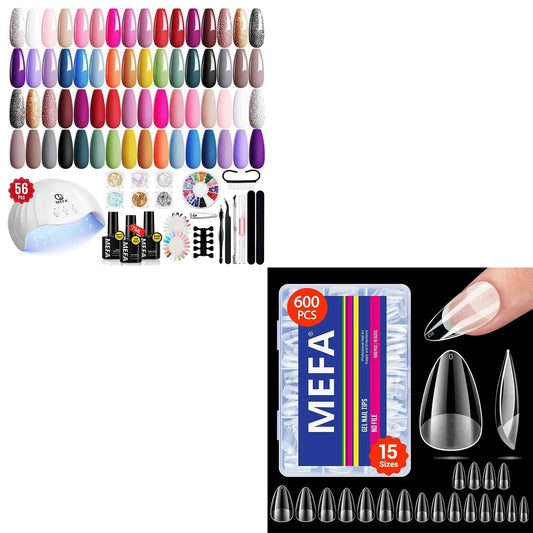 MEFA 56 Pcs Gel Nail Polish Kit with U V Light with 600 Pcs Nail Tips, 32 Colors All Seasons Soak Off Gel Polish Nail Set with Matte/Glossy Base Top Coat, Short Almond Nail Tips 15 Sizes