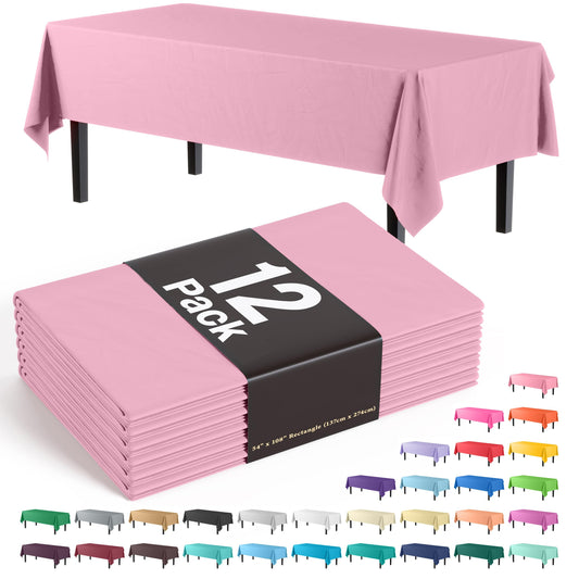 Exquisite 12-Pack Premium Plastic Tablecloth 54in. x 108in. Rectangle Table Cover - Pink