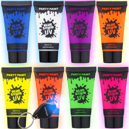 Blue Squid UV Body Paint, Blacklight Glow Makeup Kit, Fluorescent Face Paints, 8 Neon Body Paint Colors, Mini UV light, Neon Body Paints Adults & Kids