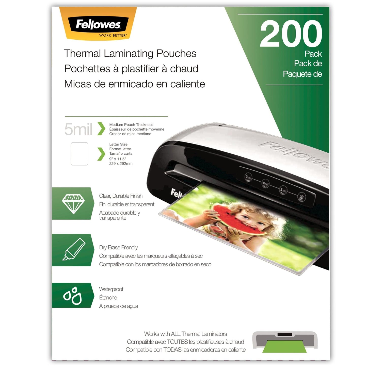 Fellowes Thermal Laminating Pouches, Letter Size Sheets, 5mil 200pk, Clear (5743601)