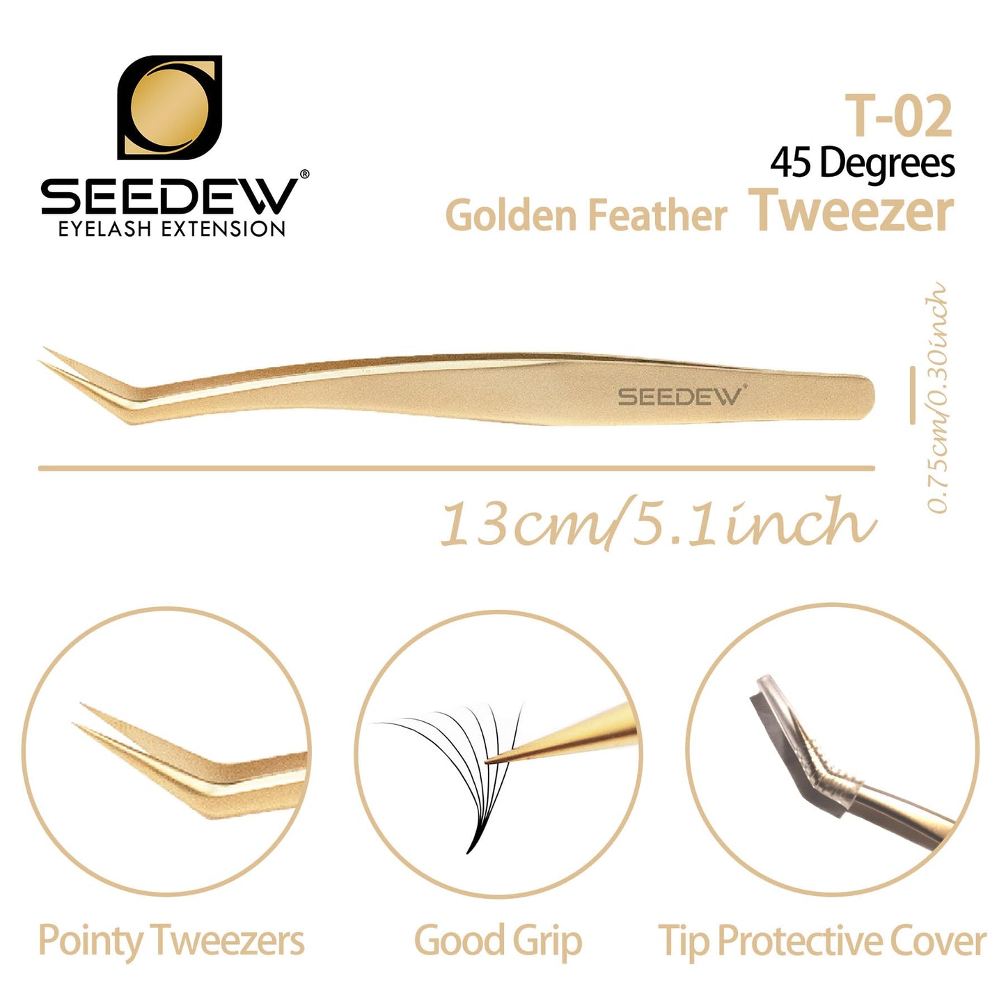 SEEDEW Tweezer Eyelash Extensions 1 PCS Stainless Steel 45 Degree Curved Pointy Tweezer Isolation Professional Precision Supplies Lash Application Tools for Lash Tech, Lash Artist Beginner(Golden)