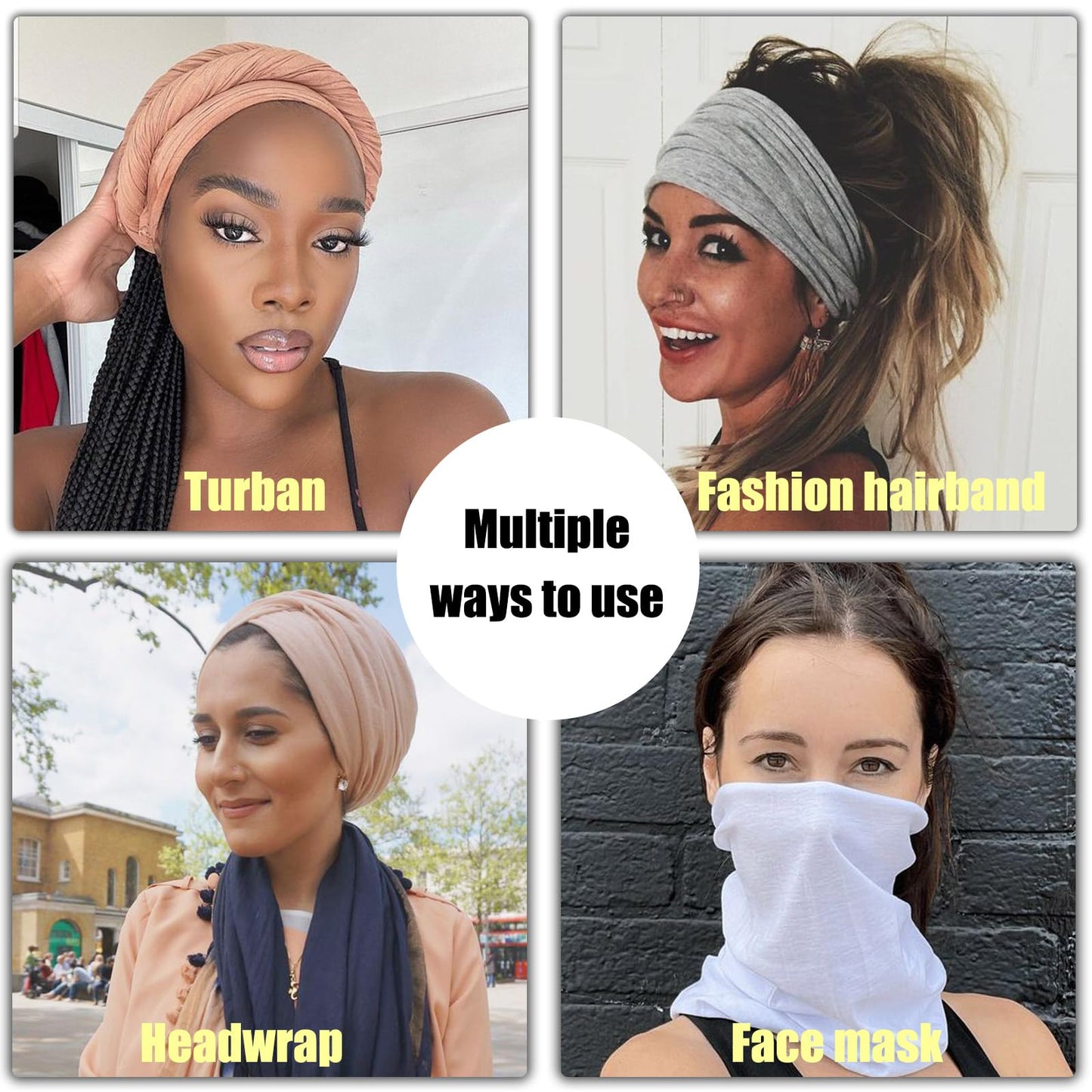 TuTive 2 Pieces Head Wraps for Women Stretch Reversible Turbans Soft Easy Knot Hijab Urban Hair Scarf Fashion Extra Wide Headbands Solid Color Headwear Cap Fashionable Neck Hood（Black,Camel）