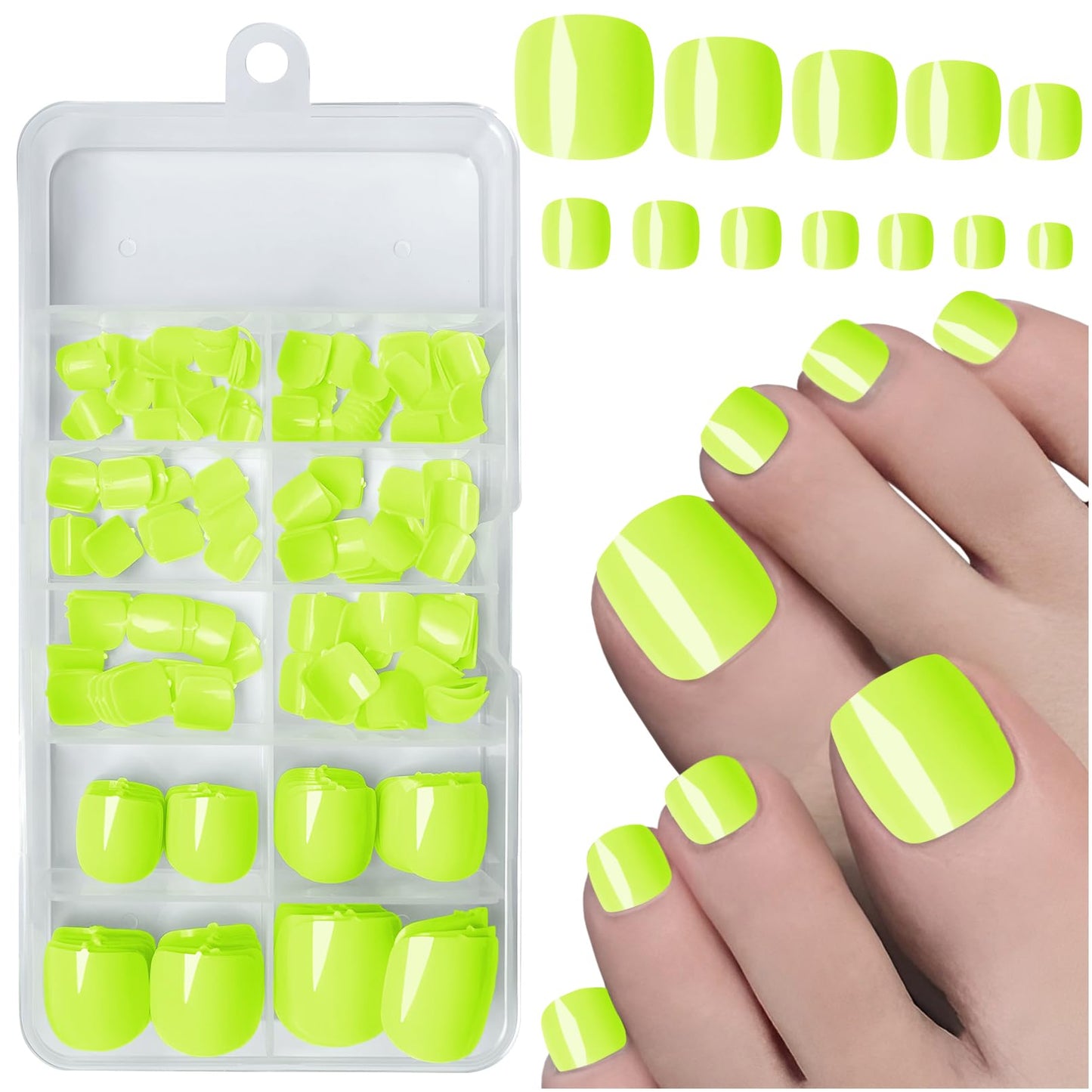 LuckForever Short Press on Toenails 240pc Glossy Neon Yellow Press on Toenails Short Square Fake Toe nails Full Cover 10 Nail Adhesive Tabs,Small Wooden Sticks & Nail Files False Toenails for Women