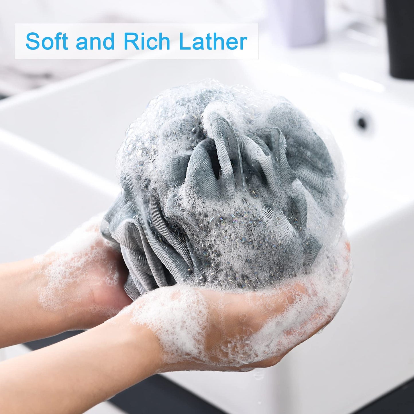 AmazerBath Loofah Sponge 60g/Piece, Exfoliating Bath Sponge Body Scrubber - Loofa Set of 4 Grey Blue-Pink-Grey-White