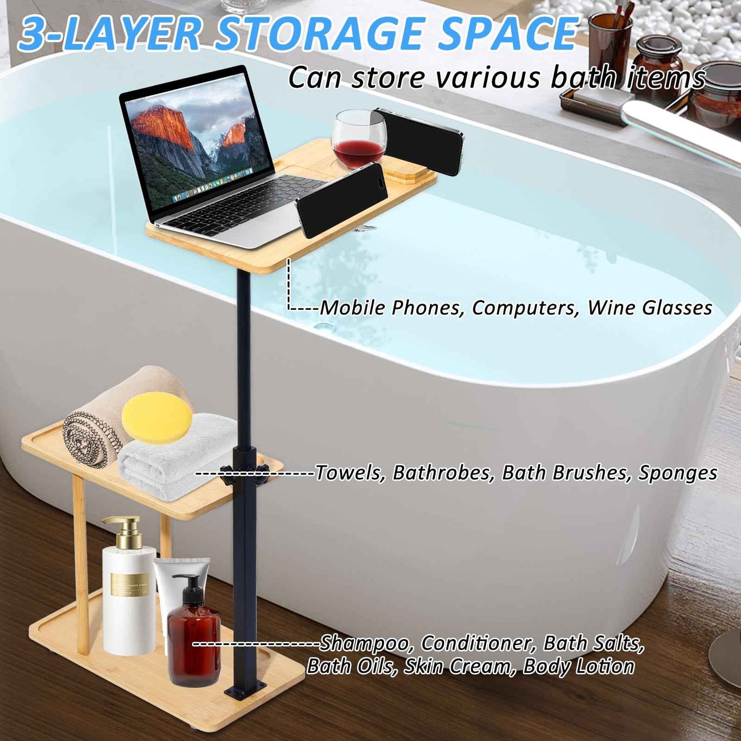 3 Layer Bath Tub Tray Table, Liftable Freestanding Bamboo Bath Tray Caddy for Tub Against Wall, Bath Table Tray Tub Shelf Bathroom Organizer Shelf for Luxury Spa and House Warming New Home