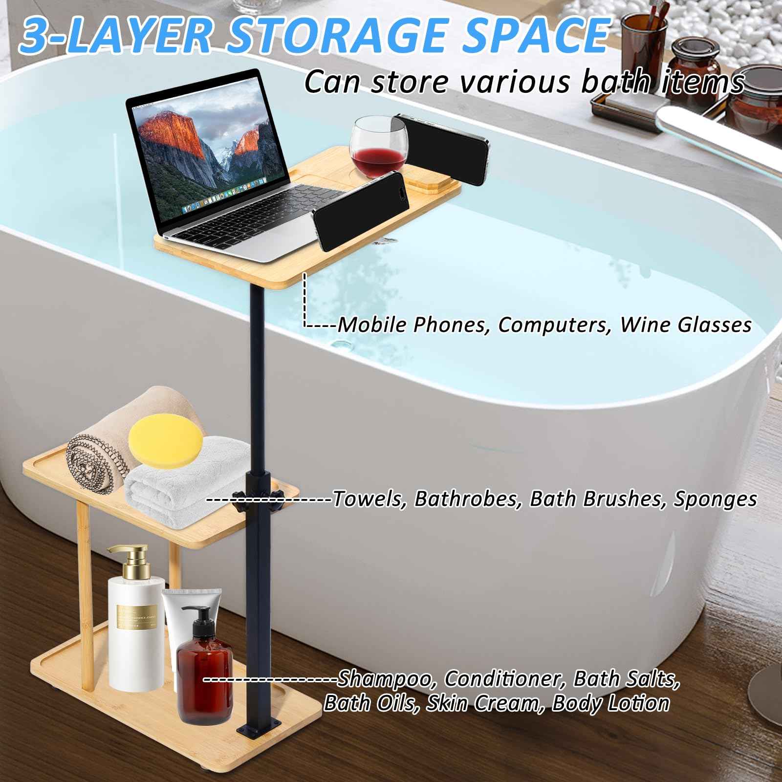 3 Layer Bath Tub Tray Table, Liftable Freestanding Bamboo Bath Tray Caddy for Tub Against Wall, Bath Table Tray Tub Shelf Bathroom Organizer Shelf for Luxury Spa and House Warming New Home