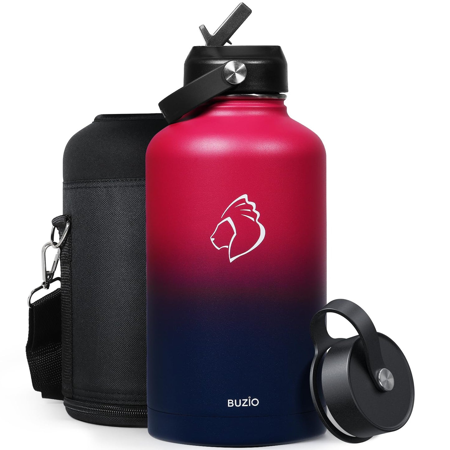 BUZIO 64oz Insulated Water Bottle Stainless Steel Double Wall Leak Proof Half Gallon with Straw Lid and Flex Cap (Cold for 48 Hrs) Sports Flask Metal Travel Mug for Hiking Cycling, Ruby Red Navy