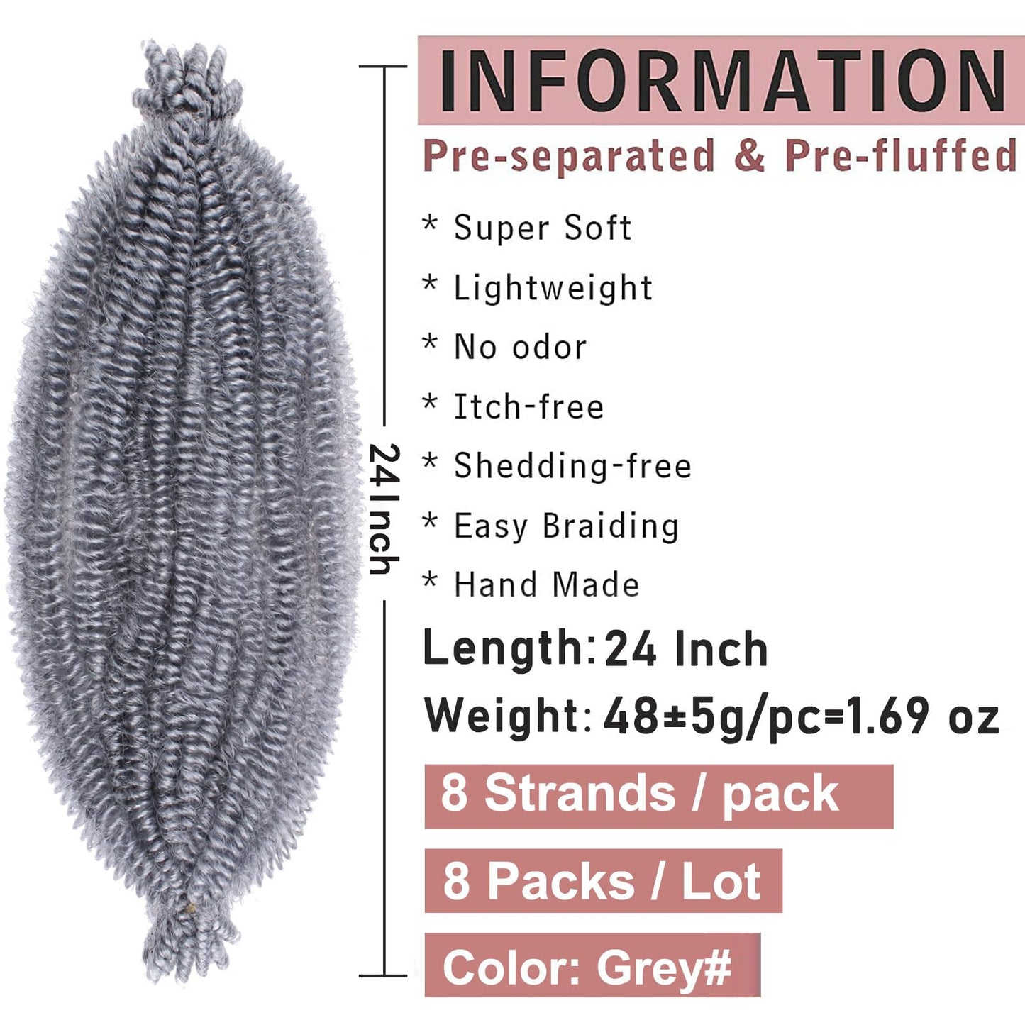 24 Inch Soft Springy Afro Twsit hair 8 Packs Pre-Separated Spring Twist Hair For Distressed Locs Marley Twist Crochet Braiding Hair Synthetic Hair Extension For Black Women (8 Strands/Pack,grey#)