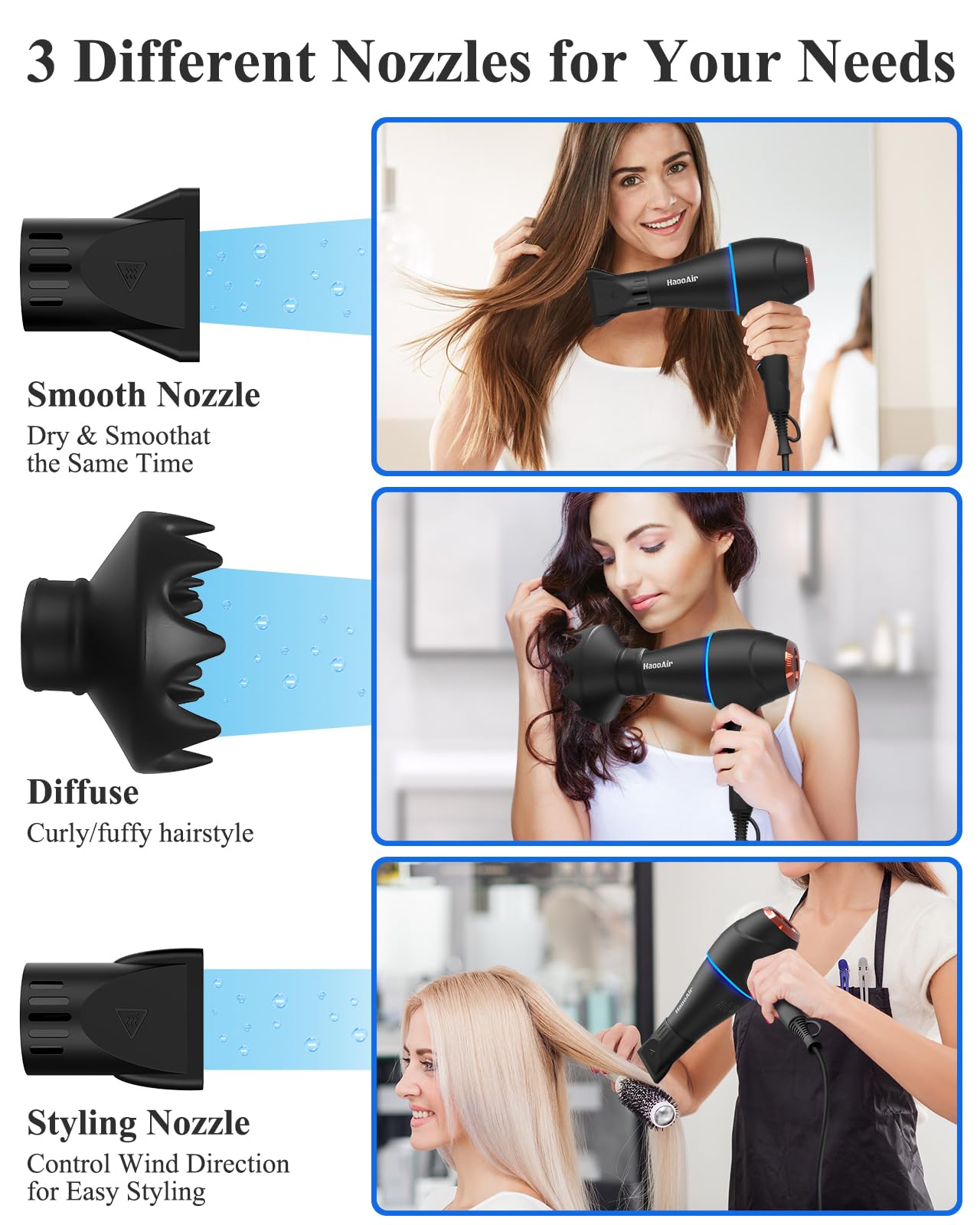 Hair Dryer with Diffuser, Professional Ionic Hair Dryer with Blue Light AC Motor, 2000W Fast Drying Hair Blow Dryer Low Noise Care Hairdryer for Women (Black with 2*Nozzle+Diffuser)