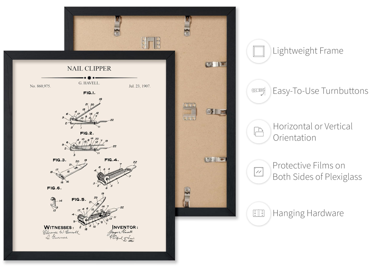 Poster Master 4-Piece Nail Clipper Blueprint Poster - Nail Polish Protector Patent Print - Polish Applicator Art - Dryer Art - Salon Art - Technical Drawing Art - Salon Decor, 16x20 Black Framed