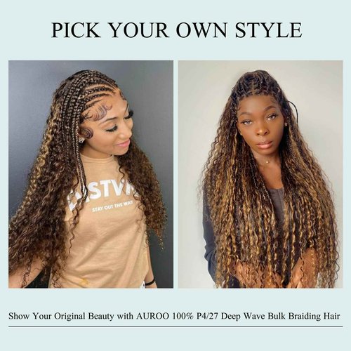 AUROO Braiding Hair P4/27 Honey Blonde Highlight Deep Wave Bulk Human Hair For Braiding 100g, 12A No Weft Virgin Ombre Brown Bundles Wet n Wavy Curly Micro Braiding Hair For Boho Knotless Braids 16 in