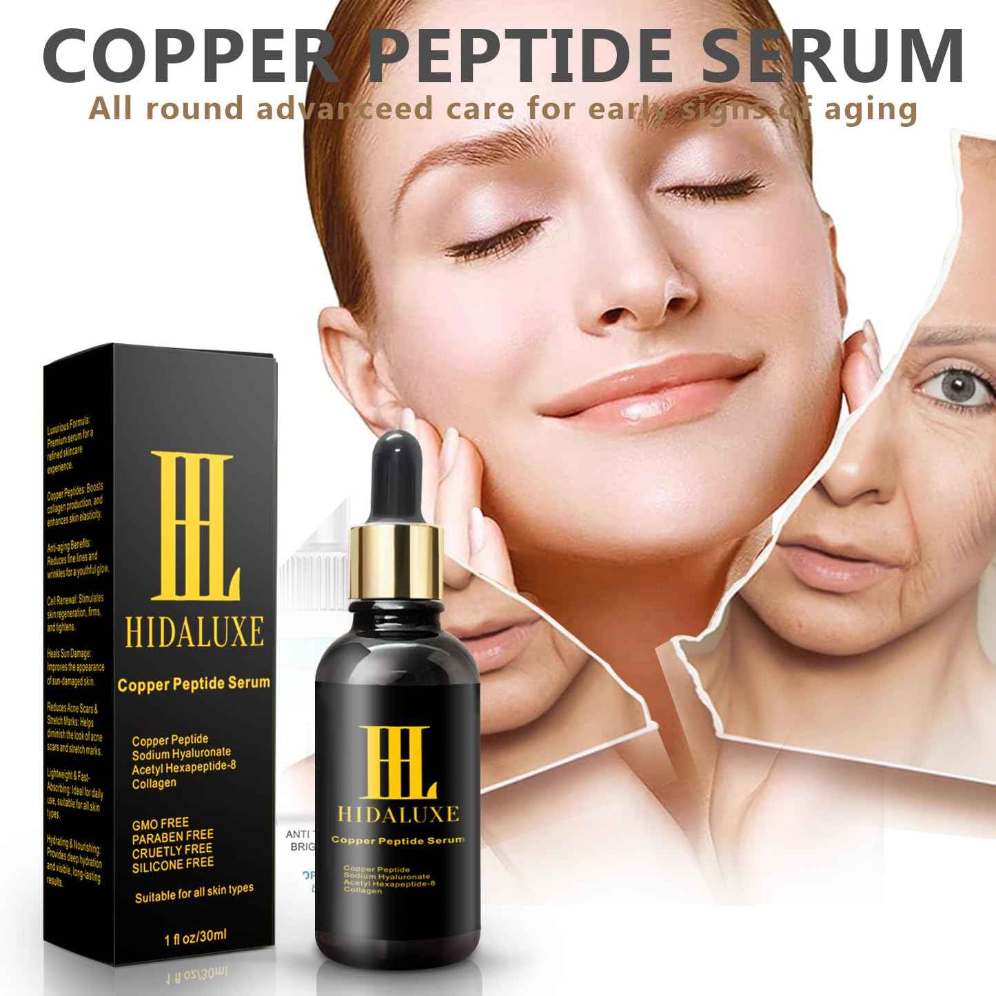 HIDALUXE Copper Peptide Face Serum: Tightening, Repairing, and Collagen Boosting with Hyaluronic Acid | GMO FREE, PARABEN FREE, CRUELTY FREE, SILICONE FREE