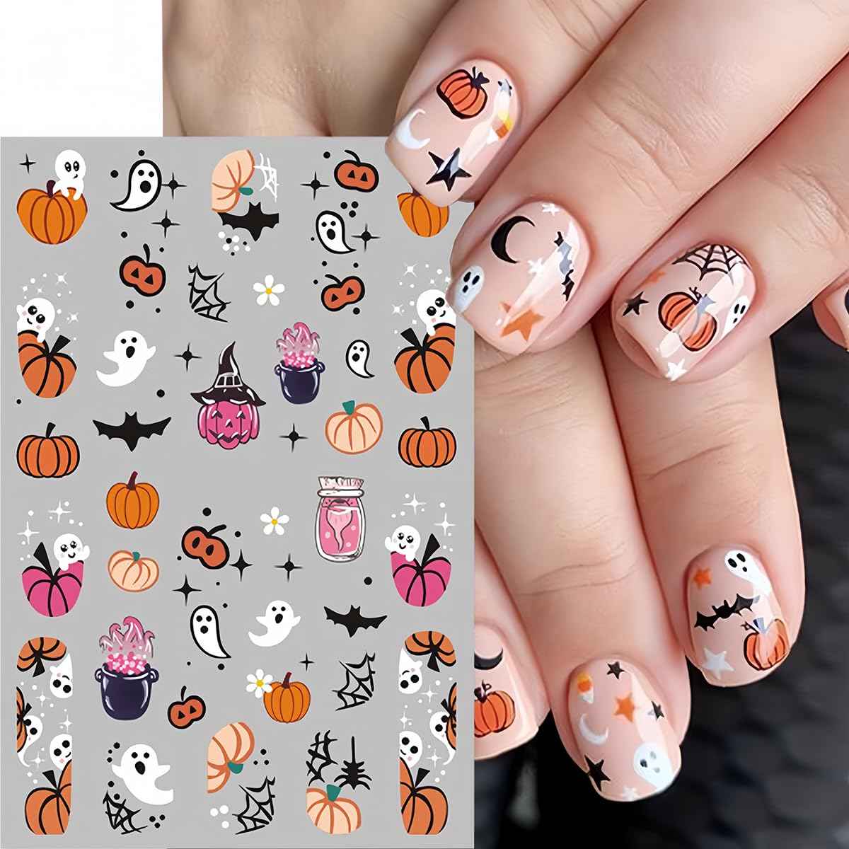 Halloween Nail Art Stickers Decals Cute Ghost Nail Decals 6 PCS 3D Self-Adhesive Spooky Pumpkin Bat Spider Design Manicure Nail Art Supplies Halloween Sticker for Women Girls DIY Nail Art Decorations