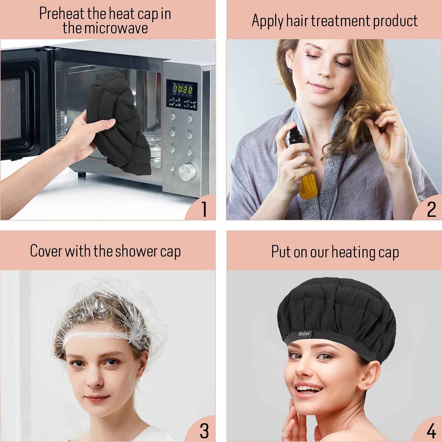 Flaxseed Deep Conditioning Heat Cap - Boloye Cordless 100% Safe Microwave Hot Cap for Natural Curly Textured Hair Care, Drying, Styling, Curling, Universal size (10 PCS One-time shower cap) (Black)