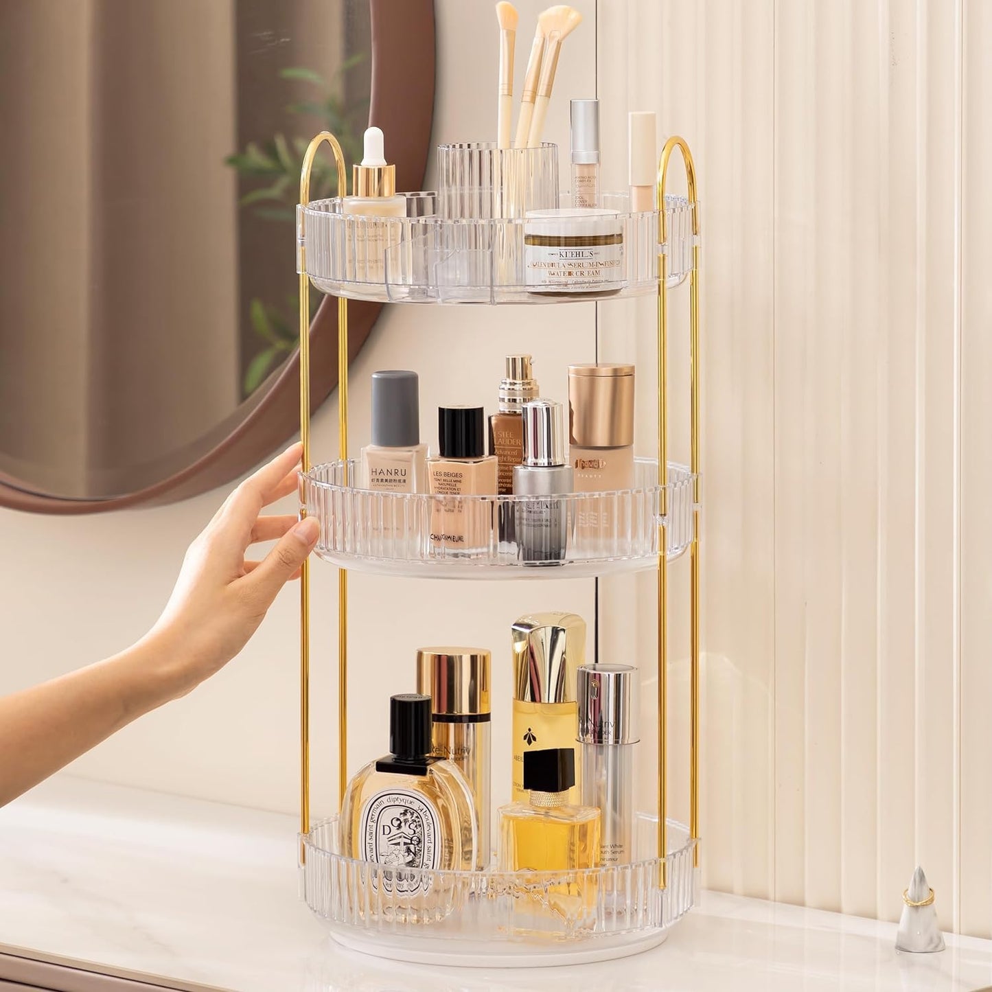 HBlife 360 Rotating Makeup Organizer, 3 Tier Perfume Organizer Skincare Organizer Large Capacity Cosmetic Storage for Bathroom, Vanity, Countertop, Clear