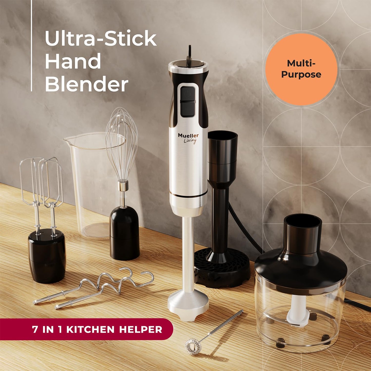 Immersion Hand Blender Full Kitchen Set - 8 Speed Immersion Blender, Hand Mixer with 7 Attachments: Stainless Steel Blade, Whisk, Milk Frother, Beater, Mixing Hooks, Potato Masher, Chopper Bowl